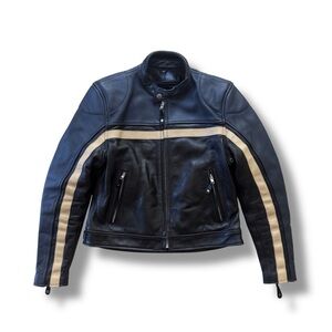 Y2K Flying Bikes Leather Moto Jacket Striped Motorcycle Cropped Zip Up Biker XS